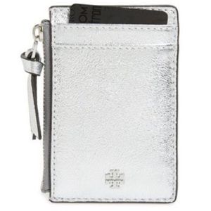 Tory burch silver metallic crinkle card holder